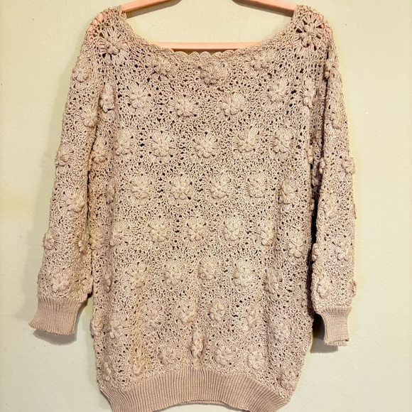 Vintage SK Imports Hand Crocheted Cream Sweater 3/4 Sleeves Floral Design Sz XL - Picture 7 of 11